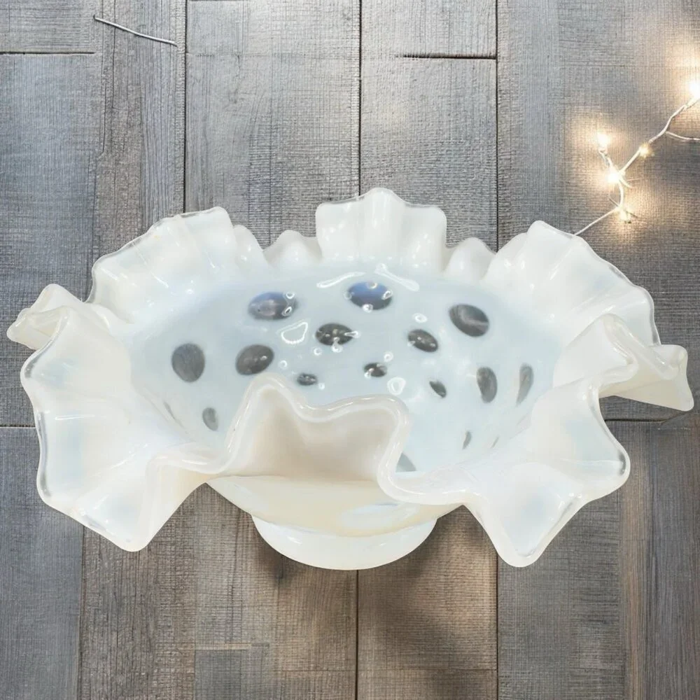 Fenton White Opalescent‎ Clear Coin Dot Ruffled Edge Glass Bowl Dish Vintage